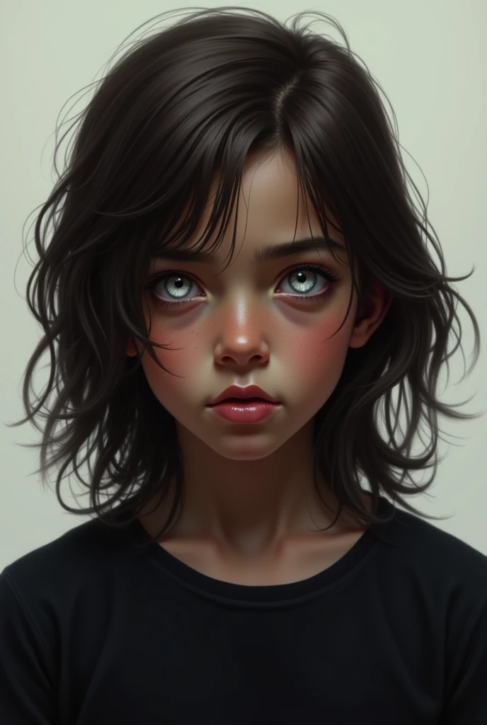 Imagen 2D, boy with long hair, dark brown complexion, white eyes, black t-shirt