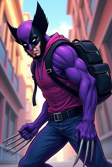 purple wolverine comic with school backpack
