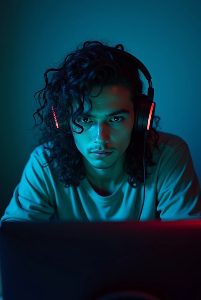 Character 1 male long curly hair 3c,with gamer headphones on his back playing a horror game