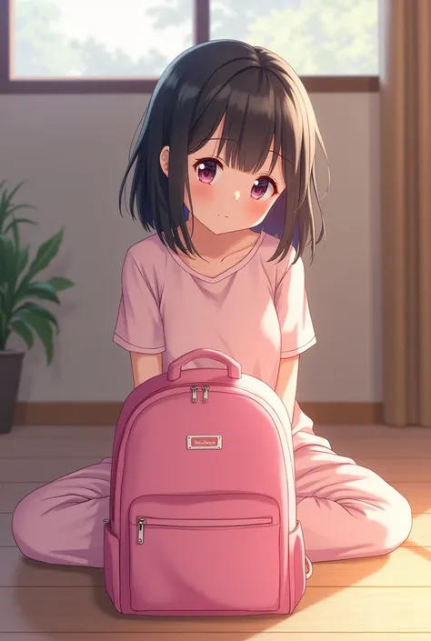 One girl chatting.she ware one light pink t shirt and night pant in position of sitting flore down in a room in frent of her one bag .school bag colour pink 

