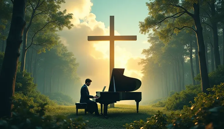 A serene scene of a male pianist playing a grand piano in the middle of a tranquil forest, soft sunlight filtering through the trees, cross in the center illuminated by a gentle glow, peaceful atmosphere, hyperrealistic, detailed textures, cinematic lighti...