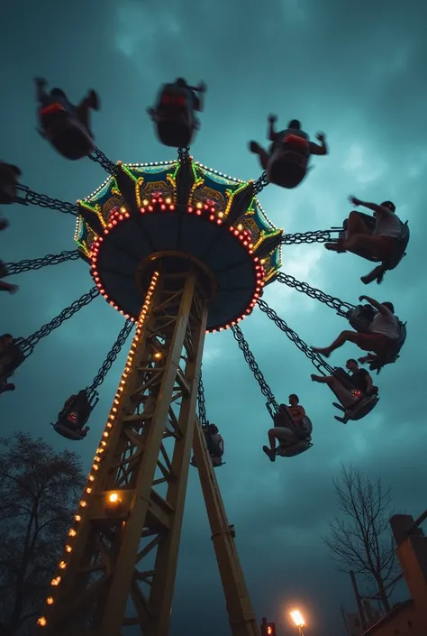 Amusement park ride with chairs tied to chains with people sitting on them spinning high and fast on a gloomy night 