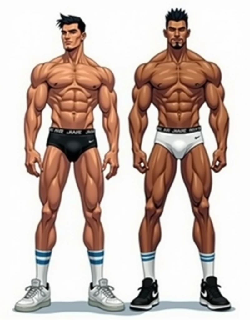 Digital comic book illustration featuring two muscular men standing side by side, both wearing Nike-branded underwear and high socks. The man on the left has short, spiked black hair, a serious facial expression, and is wearing black briefs with white and ...