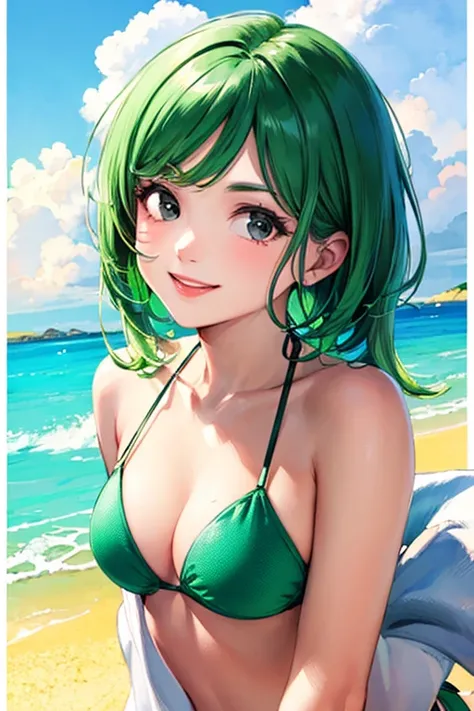 ((masterpiece)), (((best quality))), chromatic lighting,
colorized, green + white limited color palette, 
detailed concept drawing, bikini, on the beach,
portrait, 20yo 1girl, blue sky, medium soft breasts, slender, green, long green hair, black eyes, smil...