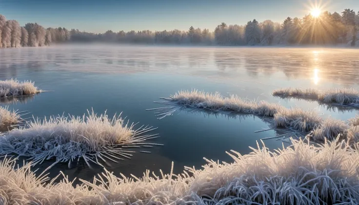 Frozen lake, morning dawn, severe frost, frost, snowing, 4k, high resolution, high detail, random angle, hyperrealism, 300mm, f/10.0, 1/1600ms, HDR