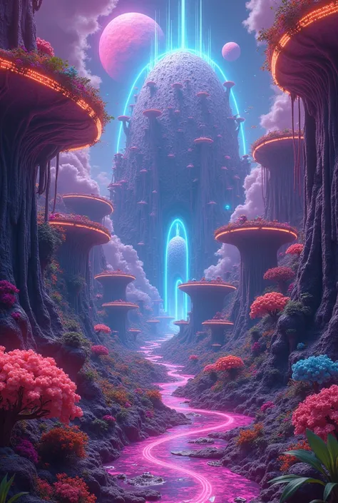 8k, digital art, psychedelic mushroom land, neon glowing alien fauna, and a giant boob Palace 