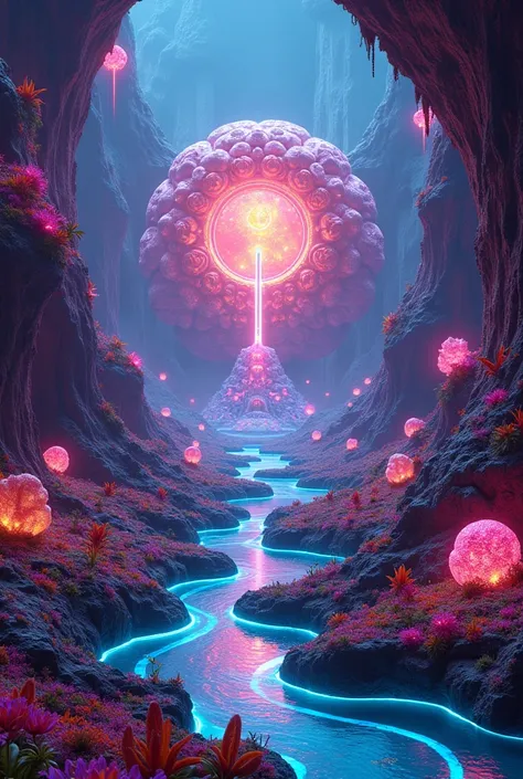 8k, digital art, psychedelic mushroom land, neon glowing alien fauna, and a giant boob Palace 