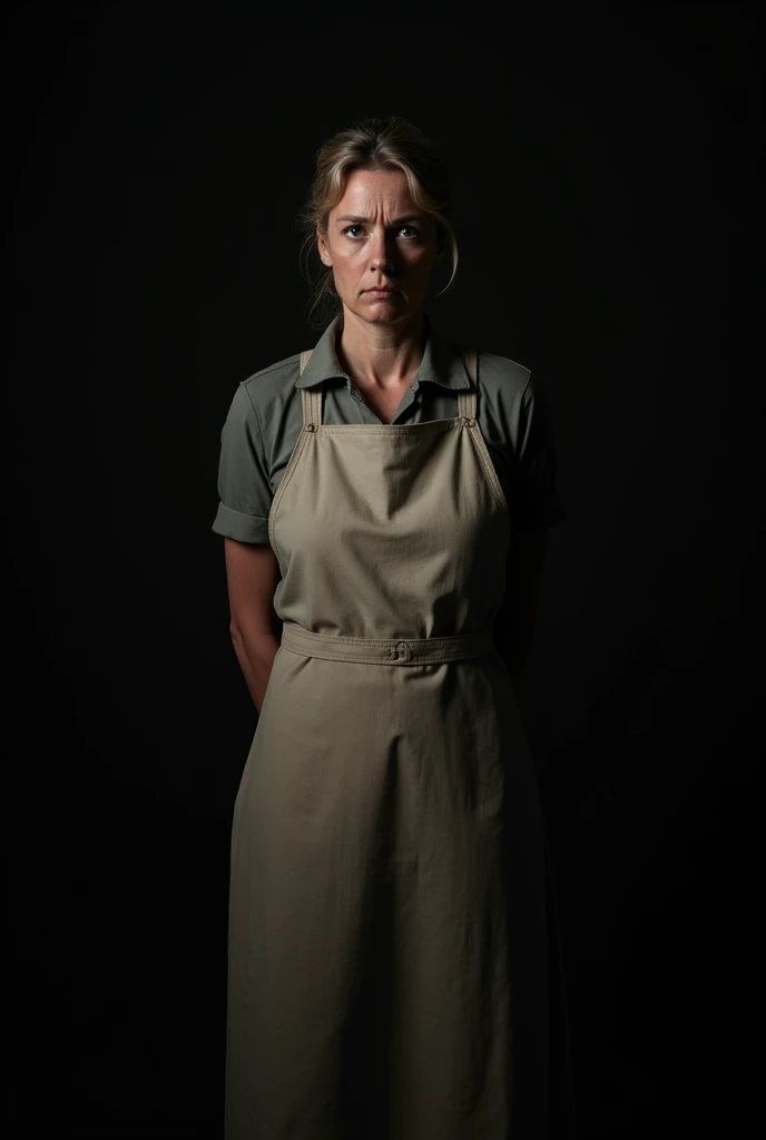 Caucasian mature woman, 3, dressed as a housewife, hair up, a little ugly, Catalog photo, full body, black background, dark environment.