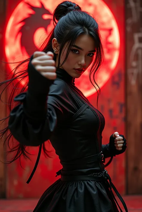 bruce lee intricate details insanely red and black gothic female fighting stance, heroic stance pose, boxing stance, in a fighting pose, 3D effect ultra-detailed intricate insanely full HD, full body portrait, hyperrealist artwork by Iván Pili , close-up p...