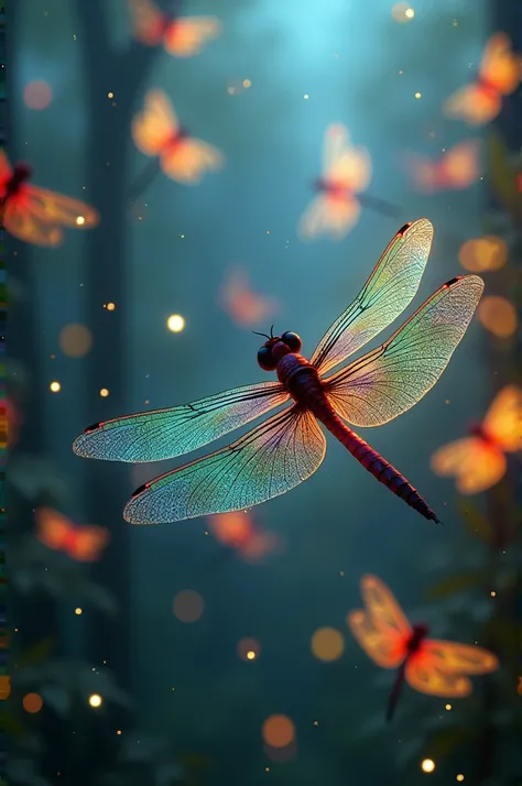 Multiple colorful dragonflies flying with bright lights.