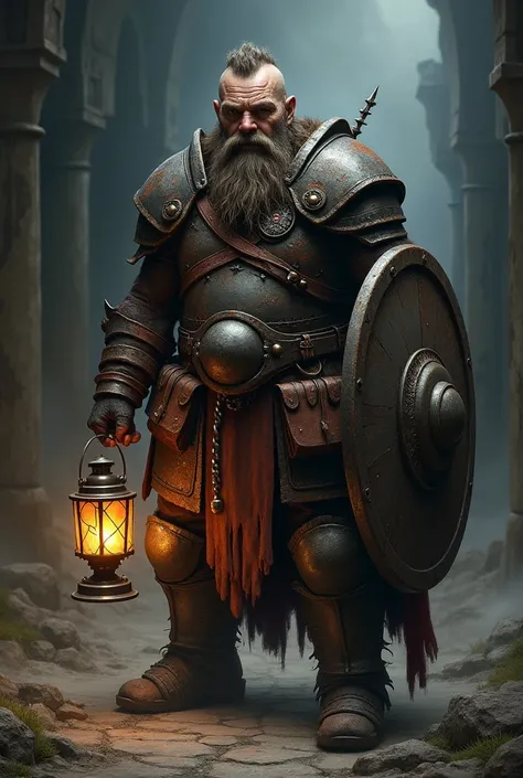 A dark grim fantasy dwarf wearing rusty full plate armour, skinny young male, with a long beard short hair, holding a lantern in one hand and a shield with the other, an ancient spell book tied to his belt