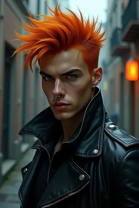 Create an intimidating and attractive young man who has orange hair. He has a nose piercing 