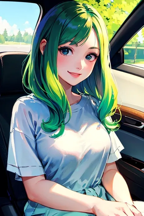 ((masterpiece)), (((best quality))), chromatic lighting,
colorized, green + white limited color palette, 
detailed concept drawing, driving a car,
portrait, 20yo 1girl, blue sky, medium soft breasts, slender, green, long green hair, black eyes, smiling