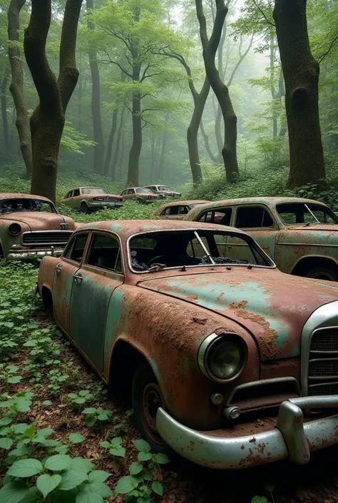 A collection of abandoned cars in the woods 