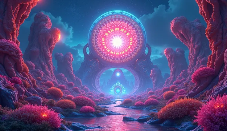 8k, digital art, psychedelic mushroom land, neon glowing alien fauna, and a giant boob Palace 