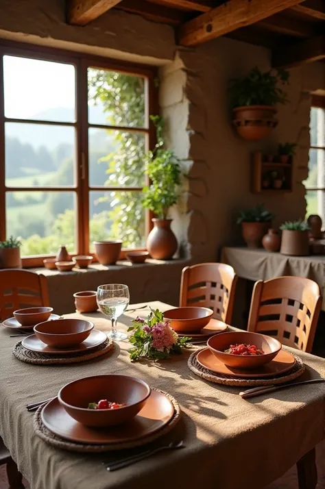 Create a traditional cuisine spot with clay tableware 