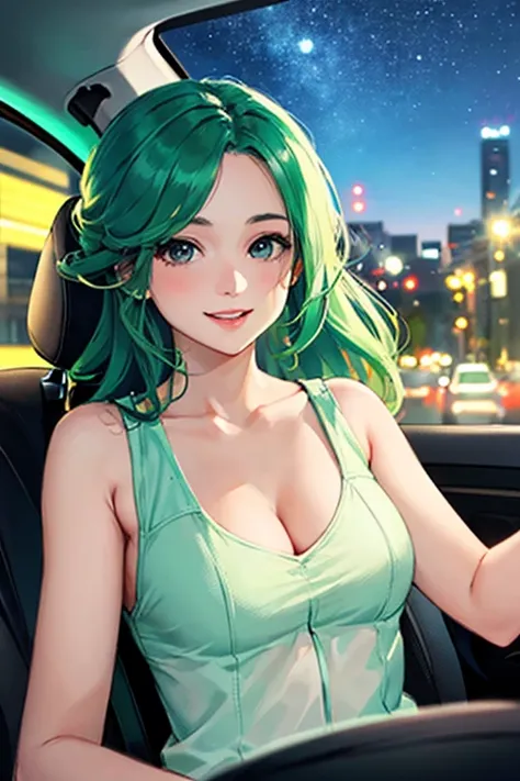 ((masterpiece)), (((best quality))), chromatic lighting,
colorized, green + white limited color palette, 
detailed concept drawing, driving a car, at night
portrait, 20yo 1girl, blue sky, medium soft breasts, slender, green, long green hair, black eyes, sm...