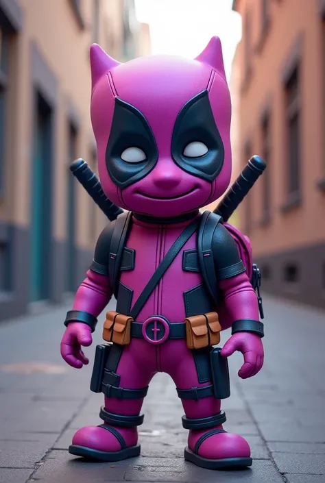 Purple Deadpool with school backpack, smiling
