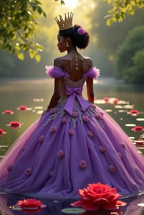 Dark-skinned woman wearing a purple quinceanera dress and a bow on the back of the purple dress with pink flowers, purple and yellow with a golden crown with silver stones and a red rose in a lake in the afternoon full of flowers and green leaves 