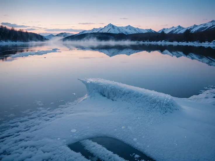 Frozen lake, morning dawn, severe frost, frost, snowing, 4k, high resolution, high detail, random angle, hyperrealism, 300mm, f/10.0, 1/1600ms, HDR