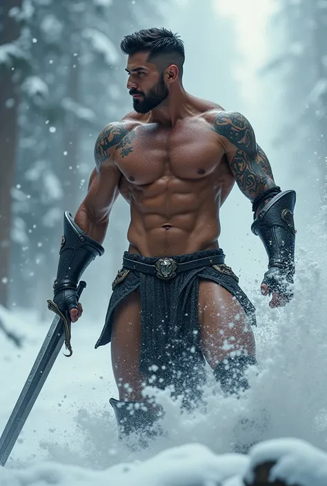 Sexy thin muscular knight with big crotch bulge in the cold snow storm, muscular knight in the cold snow. Men in sexy transparent underwear. Sexy knight male. Knght with a big dark sword. Hairless handsome man fighting in the snow. Knight with shiny tattoo...