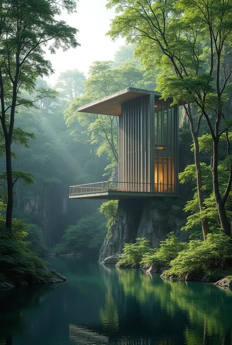 High Pavilion, lost among the trees, built in steel, in front of a lake