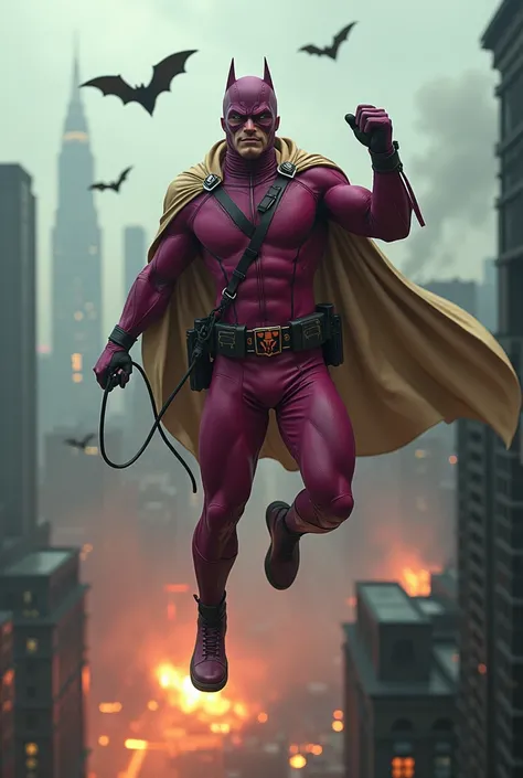 Malaysia man in high-tech suit, vivid effects, malaysian superhero (KELUANG MAN) in a striking pink and beige costume cyberpunk design, mask small mini bat ear beige, daredevil beige mask, jumpsuit dark pink stands confidently in a dramatic.jumping from hi...