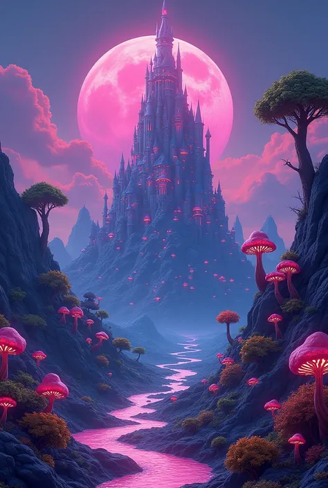 8k, digital art, psychedelic mushroom land, neon glowing alien fauna, and a giant boob castle, populated with small cute furry blob aliens