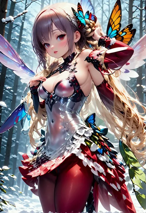 (oil painting art: 1.5) a most beautiful fairy playing in the snow, a beautiful fairy, ((full body shot: 1.5)), (best detailed face: 1.3), spread butterfly wings, dynamic hair color, dynamic hair style, busty, wearing red silk dress, intricate silk, wearin...