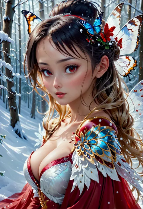 (oil painting art: 1.5) a most beautiful fairy playing in the snow, a beautiful fairy, ((full body shot: 1.5)), (best detailed face: 1.3), spread butterfly wings, dynamic hair color, dynamic hair style, busty, wearing red silk dress, intricate silk, wearin...