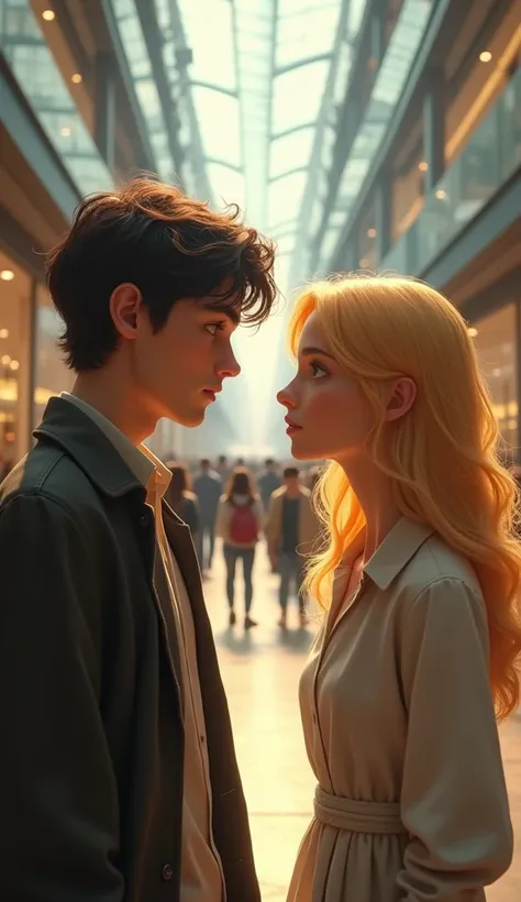 A sad handsome guy accidentally meeting a young woman with yellow hair at a shopping mall, pixar style, cinematic, masterpiece, high-aesthetic, realistic  