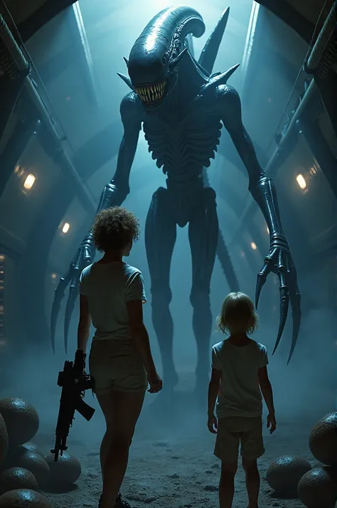 a woman with short curly hair, in a white shirt, and there is a little blonde girl next to her, the woman has a machine gun in her hand, and is sweaty, and is in a very dark ship, with blue light reflecting in the background, the room it is full of dark eg...