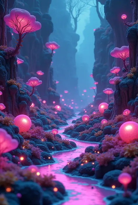 8k, digital art, psychedelic mushroom land, neon glowing alien fauna, populated with small cute furry blob aliens, intricate details, fantastical landscape, vibrant colors, dynamic lighting, otherworldly atmosphere, imaginative creatures, surreal environme...