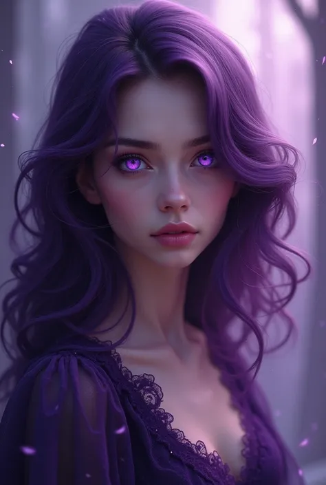 a woman with medium hair and violet eyes