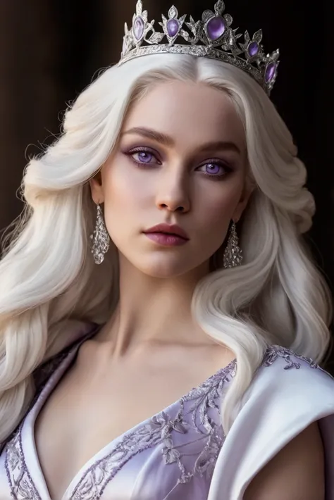 A beautiful Targaryen Women with long Platinum blonde hair, lilac eyes, shes wearing a royal white silky Queen gown, realistic 