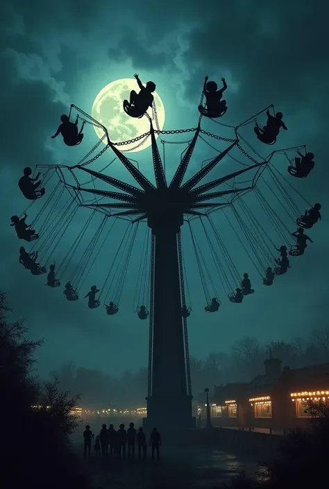 Amusement park ride with chairs tied to chains with people sitting on them spinning fast on a gloomy night 