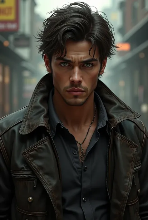 Create a serious and attractive intimidating young man. With broad shoulders and muscular arms. has a leather jacket. His hair is dark brown and a little messy and his eyes are green.. 