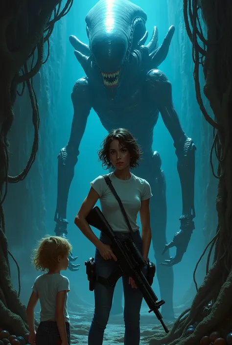 a woman with short curly hair, in a white t-shirt, and there is a little blonde girl next to her, the woman has a machine gun in her hand, and is sweaty, and is in a very dark ship, with blue light reflecting in the background, the room it is full of dark ...