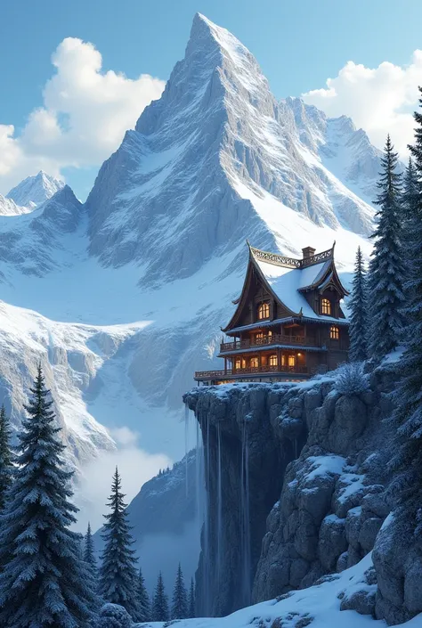 A picture of a beautiful house on a high mountain 

