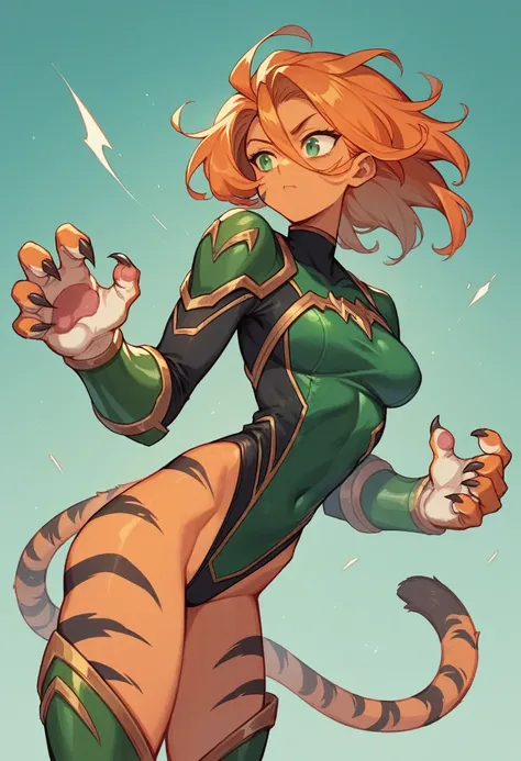 1girl, superhero, orange skin, long orange hair, claws, tiger tail, dark green leotard, white torso, dark green arm guards, dark green shin guards, slim, black stripes