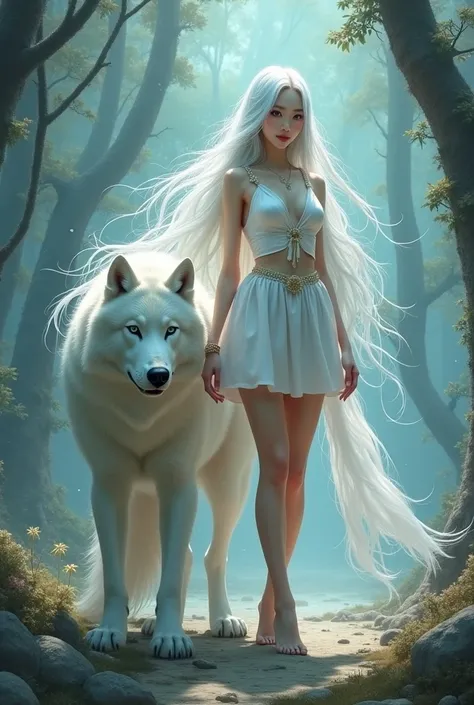 a chinese woman in a short cropped white mini dress with long white hair stand on the ground with a big white wolf next to her, mystical art, fantasy art, epic digital painting, epic digital art illustration, wlop painting style, wlop art