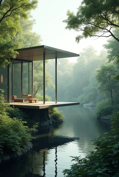 High Pavilion, lost among the trees, built in steel, in front of a lake, supported by four tubular columns.