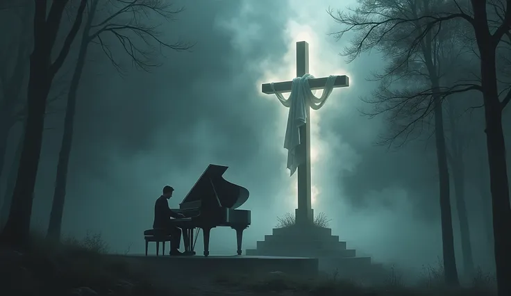 A serene scene of a male pianist playing a grand piano in the midlle of forest The image depicts a powerful scene with a solitary wooden cross, standing majestically atop a platform surrounded by swirling mists. A white cloth is draped over one arm of the ...