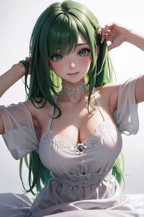 Best Quality,High resolution,8k,(plain white background, no patterns, no textures, just a plain white background:1.3),Masterpiece:1.2),beautiful girl,Big Breasts,(Shiny green hair:1.3),messy hair,Beautiful green eyes,Gentle look,A refreshing look,smile,Ove...