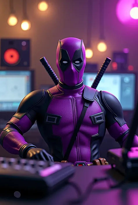 Purple Deadpool in a radio studio 