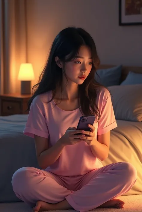 One girl chatting wile holding the phone in a hand .she wared light pink colour t shirt and light pink colour night pant in one room.she sat in flore.at 
midnight 
