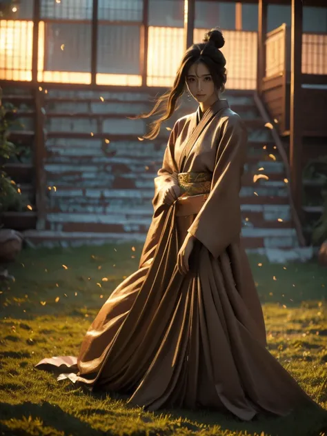 A lone samurai woman standing in a peaceful field at dusk, ready to draw her katana. She is wearing traditional samurai attire from the Sengoku period of Japan, consisting of a black and dark brown kimono-style robe with wide sleeves, tied with a dark obi ...