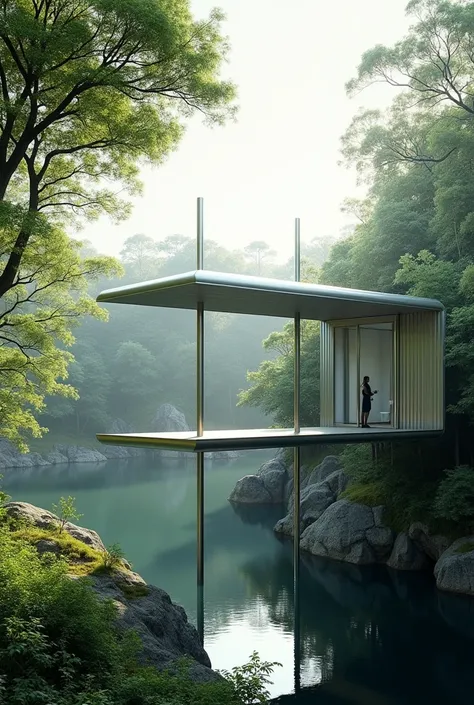 High Pavilion, lost among the trees, built in steel, in front of a lake, supported by four tubular columns.