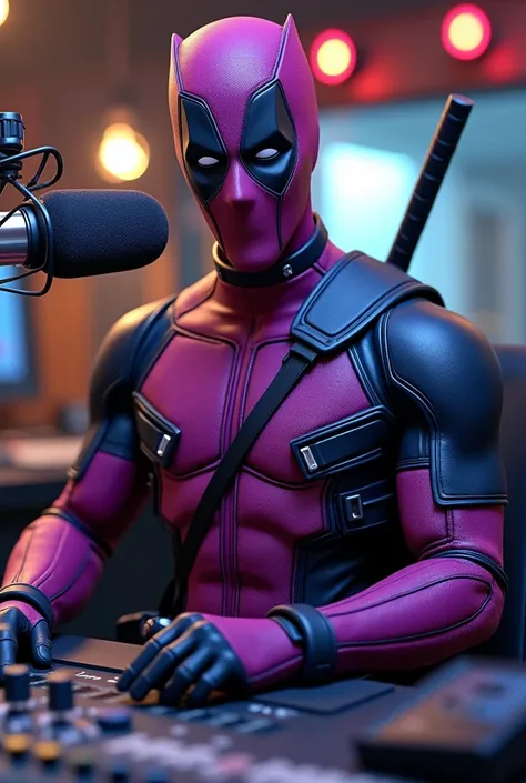 Purple Deadpool in a radio studio 