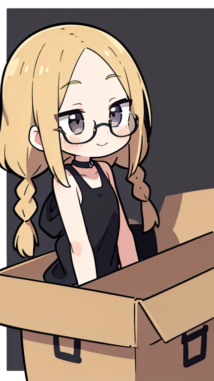 Beige hair color, center parted bangs, forehead exposed, no hair on the sides of the face, large glasses, black sleeveless hoodie, bob hair with reduced volume, long braids on both sides reaching down to the chest, holding a large cardboard box with materi...